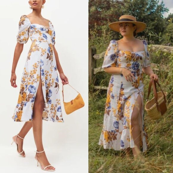 Reformation Dresses & Skirts - Reformation Belgium Josie Floral Print Yellow Blue Linen Puff Sleeve Midi Dress